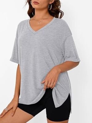 61Gpjy3r7oL._AC_SY445_.jpg Trendy Queen Oversized Tshirts for Women Workout Plus Size Tops V Neck Short Sleeve Gym Shirts Casual Loose Fit Basic Tees