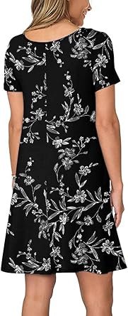 Women's Summer Casual Short Sleeve Crew Neck T Shirt Dresses Loose Swing with Pockets