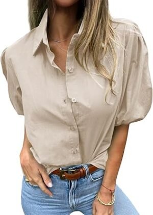 61uQqhK6U3L._AC_SY445_.jpg Tankaneo Women's Button Down Shirts Short Puff Sleeve Collared Dressy Casual Blouse Tops