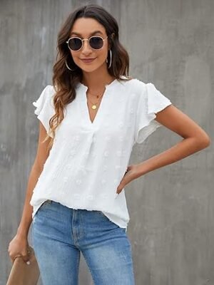 Blooming Jelly Womens White Blouse V Neck Ruffle Sleeve Flowy Shirts Dressy Casual Cute Summer Tops