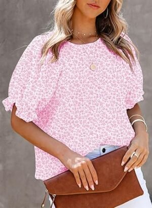 Dokotoo Floral Print Blouses for Women Crewneck Smocked Puff Sleeve Shirts Casual Babydoll Tops