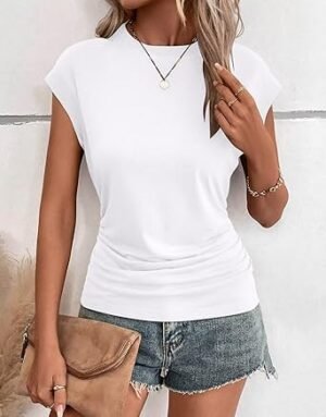 Bliwov Womens Summer Cap Sleeve Tops Business Casual Crewneck T Shirts Trendy Outfits Beach Vacation Clothes Fashion Blouses