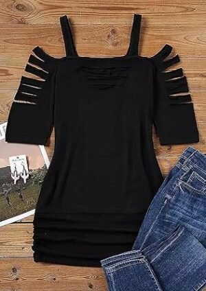 71P6DI4qnlL._AC_SY445_.jpg Cut Out Cold Shoulder Square Collar Shirt Women Lacerated 34 Sleeve Blouse Cut Out Sexy Hollow Out Casual Tee Tops