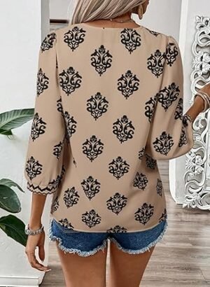 SHEWIN Women's Casual V Neck Floral Print Chiffon Blouses 34 Sleeve Boho Summer Tops Shirts