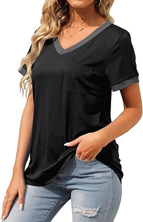 Geifa Womens T Shirts Short Sleeve V Neck Loose Casual Summer Tops with Pocket