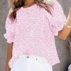 Dokotoo Floral Print Blouses for Women Crewneck Smocked Puff Sleeve Shirts Casual Babydoll Tops