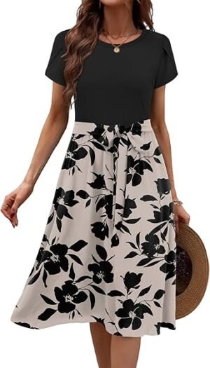 Zeagoo Womens Midi Dress Summer Short Sleeve Dress with Pockets 2025 Casual Floral TShirt Dress Flowy Beach Sundress