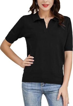 Kate Kasin Women Short Sleeve Polo Sweater V Neck Knitted Tops Casual Ribbed Shirt Loose Pullover Sweater