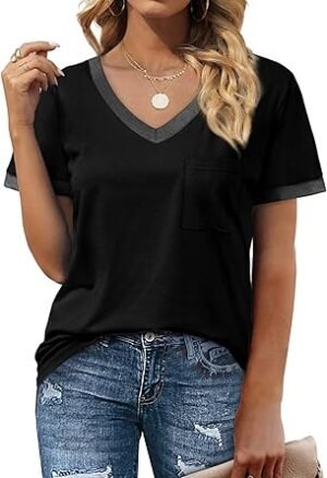 Geifa Womens T Shirts Short Sleeve V Neck Loose Casual Summer Tops with Pocket