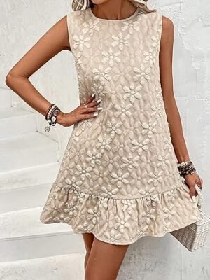 SOLY HUX Women's Ruffle Hem Sleeveless Tank Dress Round Neck Casual Jacquard Hem Smock Summer Mini Dresses