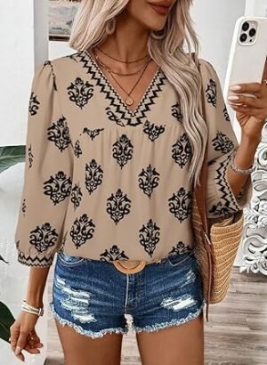 SHEWIN Women's Casual V Neck Floral Print Chiffon Blouses 34 Sleeve Boho Summer Tops Shirts