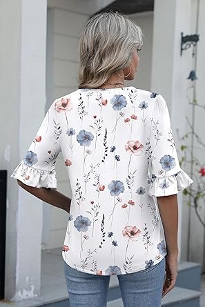 Zeagoo Womens Tops Casual V Neck Shirts Floral Solid Blouse Ruffle Tunics 34 Sleeve Tshirt SXXL