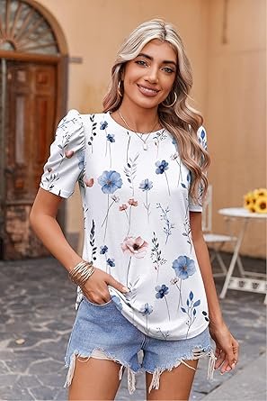 Zeagoo Blouse for Women Dressy Casual Puff Short Sleeve Boho Tops Fashion Floral Crew Neck Tunic Shirts Summer Clothes