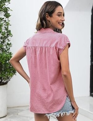 LOMON Womens Button Down Shirts Short Cap Sleeve Summer Cotton V Neck Collared Stripes Blouses Casual Plaid Tops