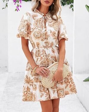 BTFBM Women Summer Floral Short Dresses V Neck Short Sleeve Tiered Ruffle Boho Swing Dress ALine Mini Dresses