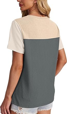 WIHOLL Womens Fashion 2025 Color Block Shirts Short Sleeve Crewneck Knitted Spring Summer Tops Casual Trendy