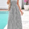 PRETTYGARDEN Women's 2025 Summer Spaghetti Strap Maxi Dresses Plaid Square Neck A Line Casual Beach Vacation Long Sundress