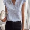 Floerns Women's Striped Ruffle Cap Sleeve Tops Summer Blouse Tops V Neck Business Causal Outfits for 2025