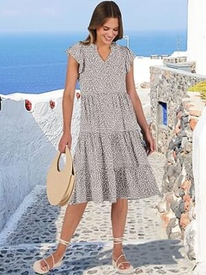 ANRABESS Womens Summer Dress Ruffle Sleeve V Neck Midi Dresses Fashion Casual Fit Flowy Tiered Boho Beach Vacation Sundress