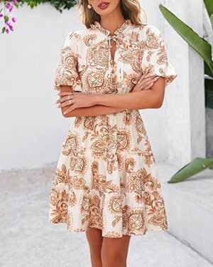BTFBM Women Summer Floral Short Dresses V Neck Short Sleeve Tiered Ruffle Boho Swing Dress ALine Mini Dresses