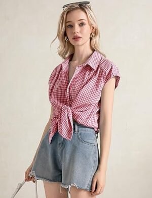 LOMON Womens Button Down Shirts Short Cap Sleeve Summer Cotton V Neck Collared Stripes Blouses Casual Plaid Tops