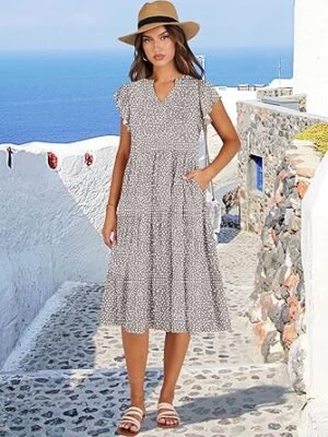 ANRABESS Womens Summer Dress Ruffle Sleeve V Neck Midi Dresses Fashion Casual Fit Flowy Tiered Boho Beach Vacation Sundress