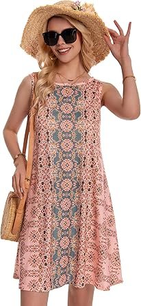 Summer Dresses for Women Beach Boho Sleeveless Vintage Floral Flowy Pocket Tshirt Tank Sundresses