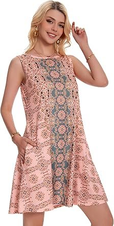 81Y07hYo6JL._AC_SY445_.jpg Summer Dresses for Women Beach Boho Sleeveless Vintage Floral Flowy Pocket Tshirt Tank Sundresses