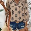 SHEWIN Women's Casual V Neck Floral Print Chiffon Blouses 34 Sleeve Boho Summer Tops Shirts
