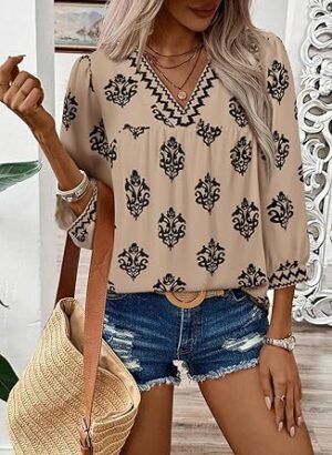 SHEWIN Women's Casual V Neck Floral Print Chiffon Blouses 34 Sleeve Boho Summer Tops Shirts