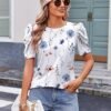 Zeagoo Blouse for Women Dressy Casual Puff Short Sleeve Boho Tops Fashion Floral Crew Neck Tunic Shirts Summer Clothes