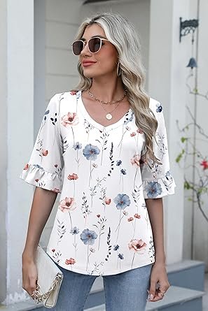 Zeagoo Womens Tops Casual V Neck Shirts Floral Solid Blouse Ruffle Tunics 34 Sleeve Tshirt SXXL