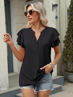 ANRABESS Womens Tops Dressy Casual Ruffle Short Sleeve V Neck Blouses Summer Button Down Business Work Elegant Shirts