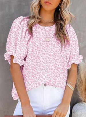 Dokotoo Floral Print Blouses for Women Crewneck Smocked Puff Sleeve Shirts Casual Babydoll Tops