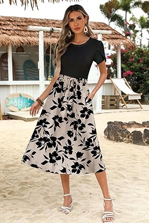 Zeagoo Womens Midi Dress Summer Short Sleeve Dress with Pockets 2025 Casual Floral TShirt Dress Flowy Beach Sundress