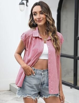 81jpWBxnGL._AC_SX342_.jpg LOMON Womens Button Down Shirts Short Cap Sleeve Summer Cotton V Neck Collared Stripes Blouses Casual Plaid Tops