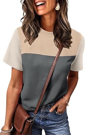 WIHOLL Womens Fashion 2025 Color Block Shirts Short Sleeve Crewneck Knitted Spring Summer Tops Casual Trendy