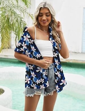 LOMON Women's Summer Hawaiian Shirts Floral Short Sleeve Button Down Shirts Hawaii Tropical Beach Tops Outfits