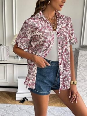 Zeagoo Women Linen Button Down Shirt Rolled Cuffed Short Sleeve Blouse Ladies Summer Casual V Neck Beach Cotton Tops