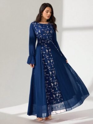 Embroidered Patchwork Chiffon Long Sleeve Flared Dress