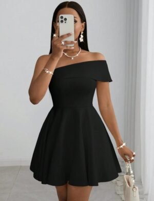 New Elegant Holiday Slim Asymmetrical Shoulder Black Mini Dress