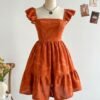 photo_6082525594064195500_y Khaki Brown Twigs & Leaf Textured Fabric Mini Dress With Cap Sleeves