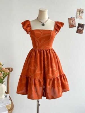 Khaki Brown Twigs & Leaf Textured Fabric Mini Dress With Cap Sleeves