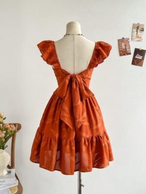 photo_6082525594064195501_y Khaki Brown Twigs & Leaf Textured Fabric Mini Dress With Cap Sleeves
